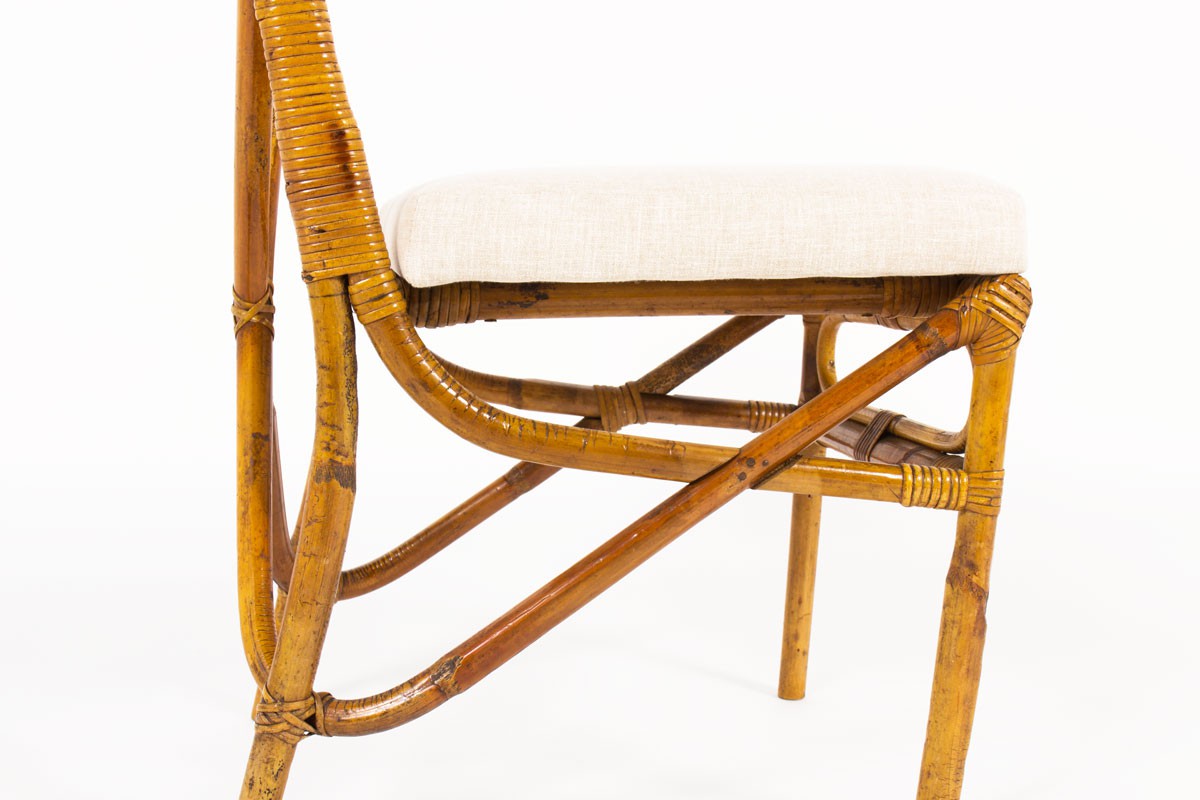 Chairs in bamboo with beige linen fabric 1950 set of 6