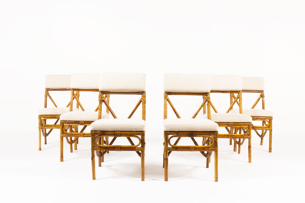 Chairs in bamboo with beige linen fabric 1950 set of 6