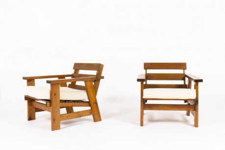 Fauteuils en pin et assise tissu coton beige 1950 set de 2