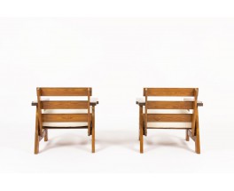 Armchairs in pine with beige cotton fabric seat 1950 set of 2