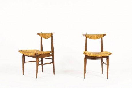 Chaises en chêne et assise en paille design italien 1950 set de 2