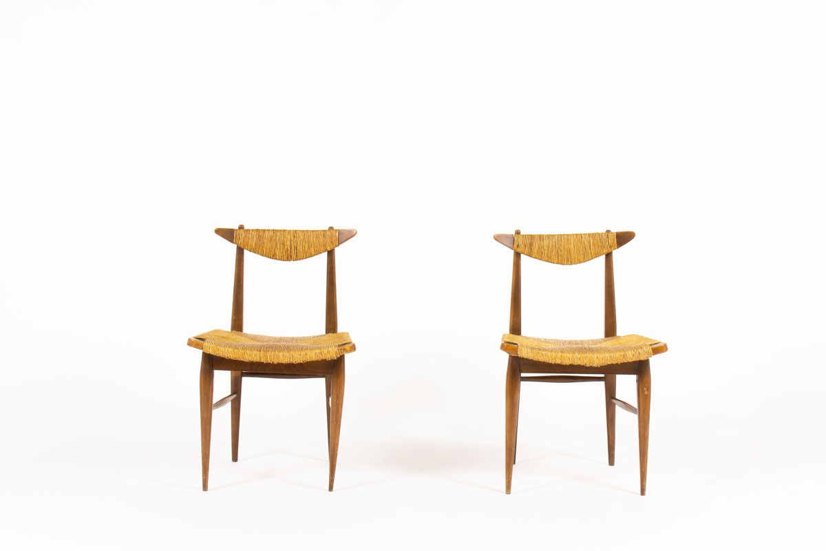 Chairs in oak with straw seat Italian design 1950 set of 2