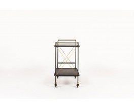 Dessert trolley in metal brass and black leatherette 1950