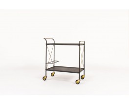 Dessert trolley in metal brass and black leatherette 1950