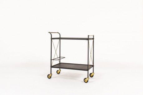 Dessert trolley in metal brass and black leatherette 1950