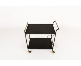 Dessert trolley in metal brass and black leatherette 1950