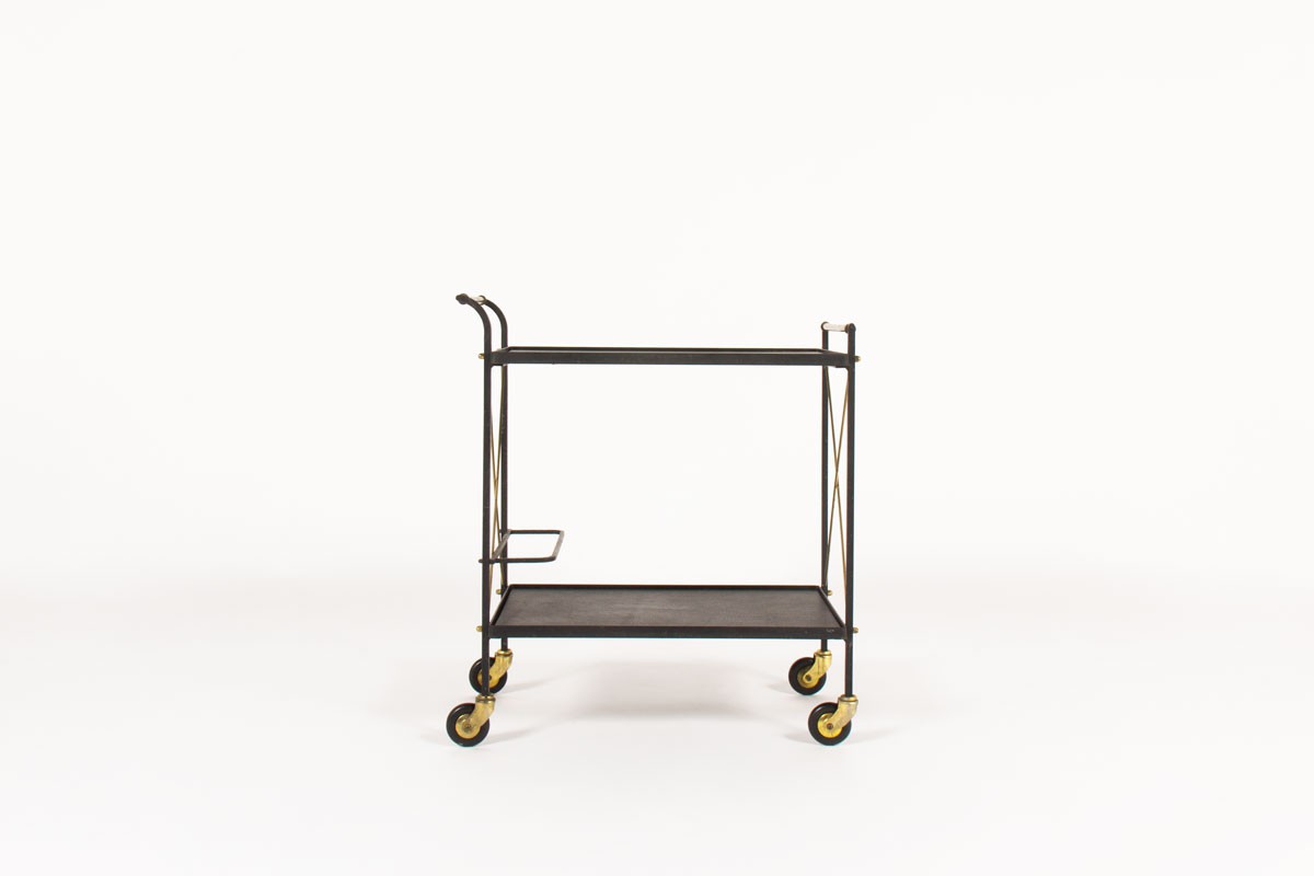 Dessert trolley in metal brass and black leatherette 1950