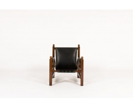 Armchair in oak with black leatherette Spanish design 1950