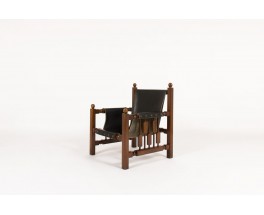 Fauteuil en chêne et skaï noir design espagnol 1950