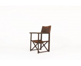 Armchair in dark wood with brown leather 1950