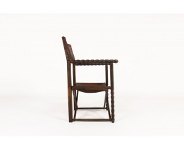 Fauteuil en chêne foncé et cuir marron 1950