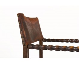 Fauteuil en chêne foncé et cuir marron 1950