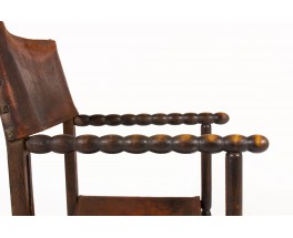 Fauteuil en chêne foncé et cuir marron 1950