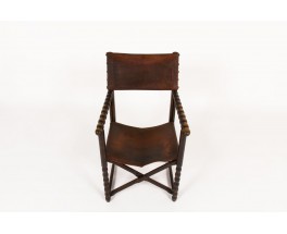 Fauteuil en chêne foncé et cuir marron 1950