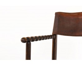 Fauteuil en chêne foncé et cuir marron 1950