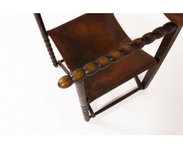 Fauteuil en chêne foncé et cuir marron 1950