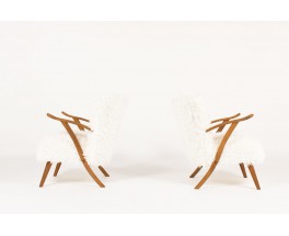 Armchairs in oak and white fur fabric 1950 set of 2