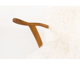 Armchairs in oak and white fur fabric 1950 set of 2