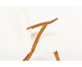 Armchairs in oak and white fur fabric 1950 set of 2