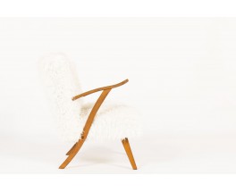 Armchairs in oak and white fur fabric 1950 set of 2