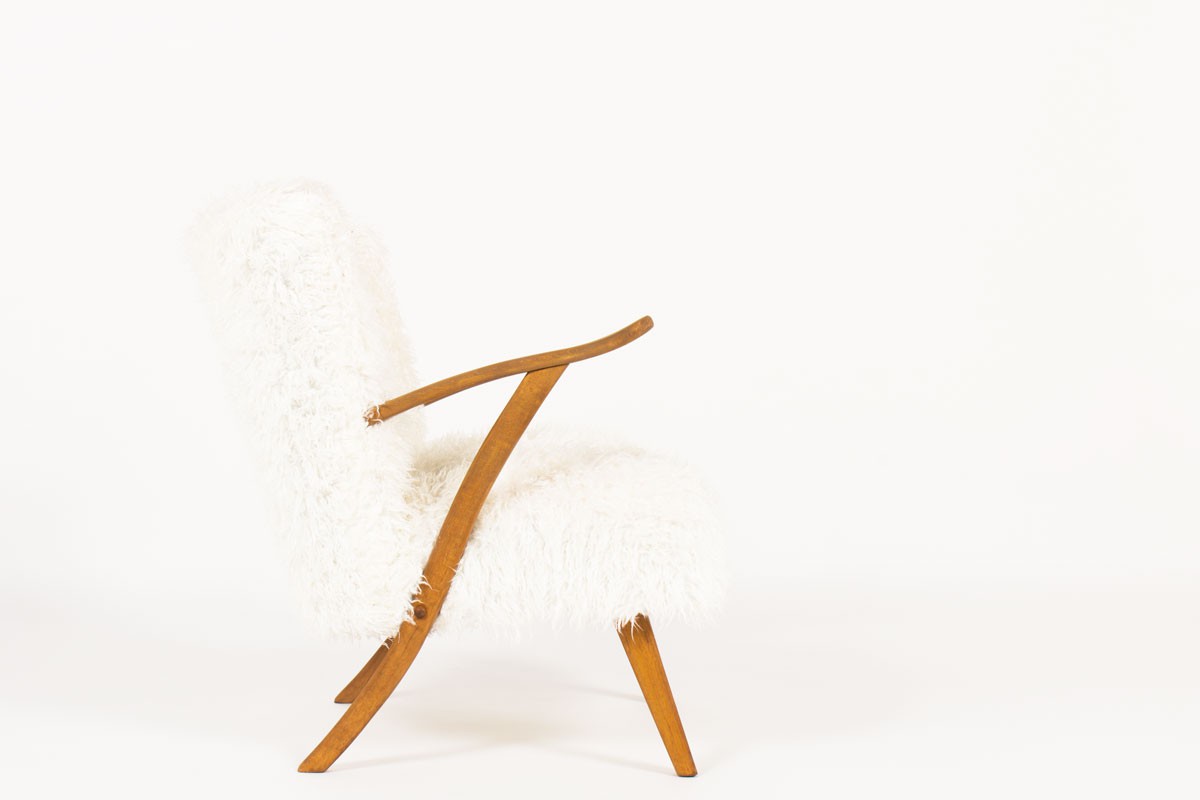 Armchairs in oak and white fur fabric 1950 set of 2