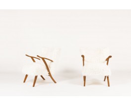 Armchairs in oak and white fur fabric 1950 set of 2