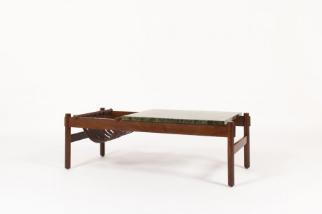 Coffee table in rosewood leather and green marble edition Dujo Cuba 1970
