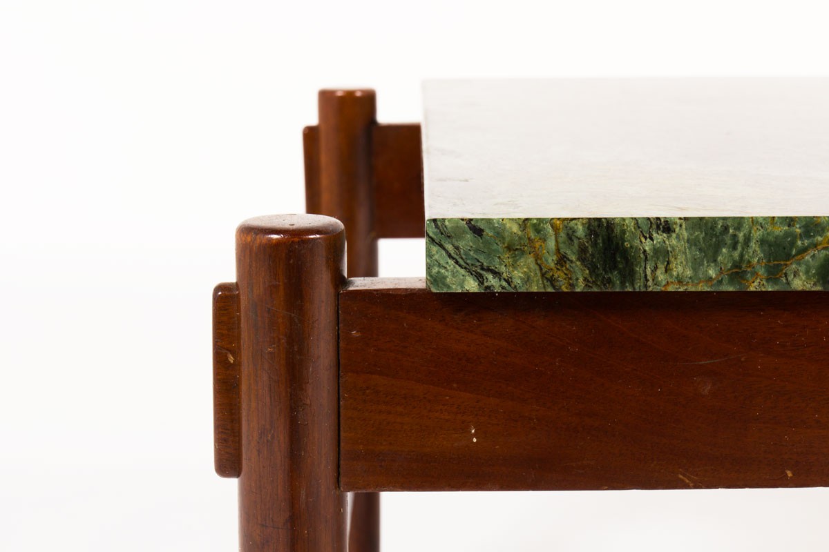 Coffee table in rosewood leather and green marble edition Dujo Cuba 1970