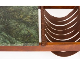 Coffee table in rosewood leather and green marble edition Dujo Cuba 1970