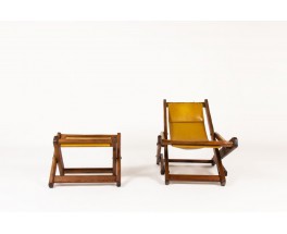 Fauteuil et repose-pieds en pin d'Oregon et cuir marron 1950