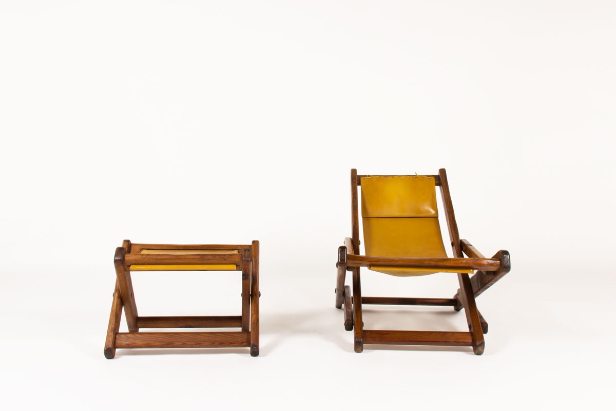 Armchair and footrest in Oregon pine and brown leather 1950