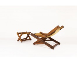 Fauteuil et repose-pieds en pin d'Oregon et cuir marron 1950