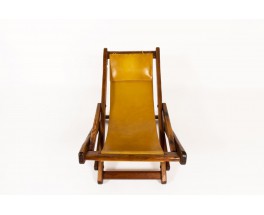 Armchair and footrest in Oregon pine and brown leather 1950