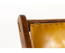 Armchair and footrest in Oregon pine and brown leather 1950