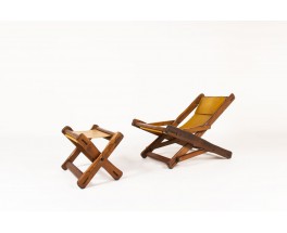 Armchair and footrest in Oregon pine and brown leather 1950