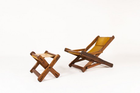 Armchair and footrest in Oregon pine and brown leather 1950