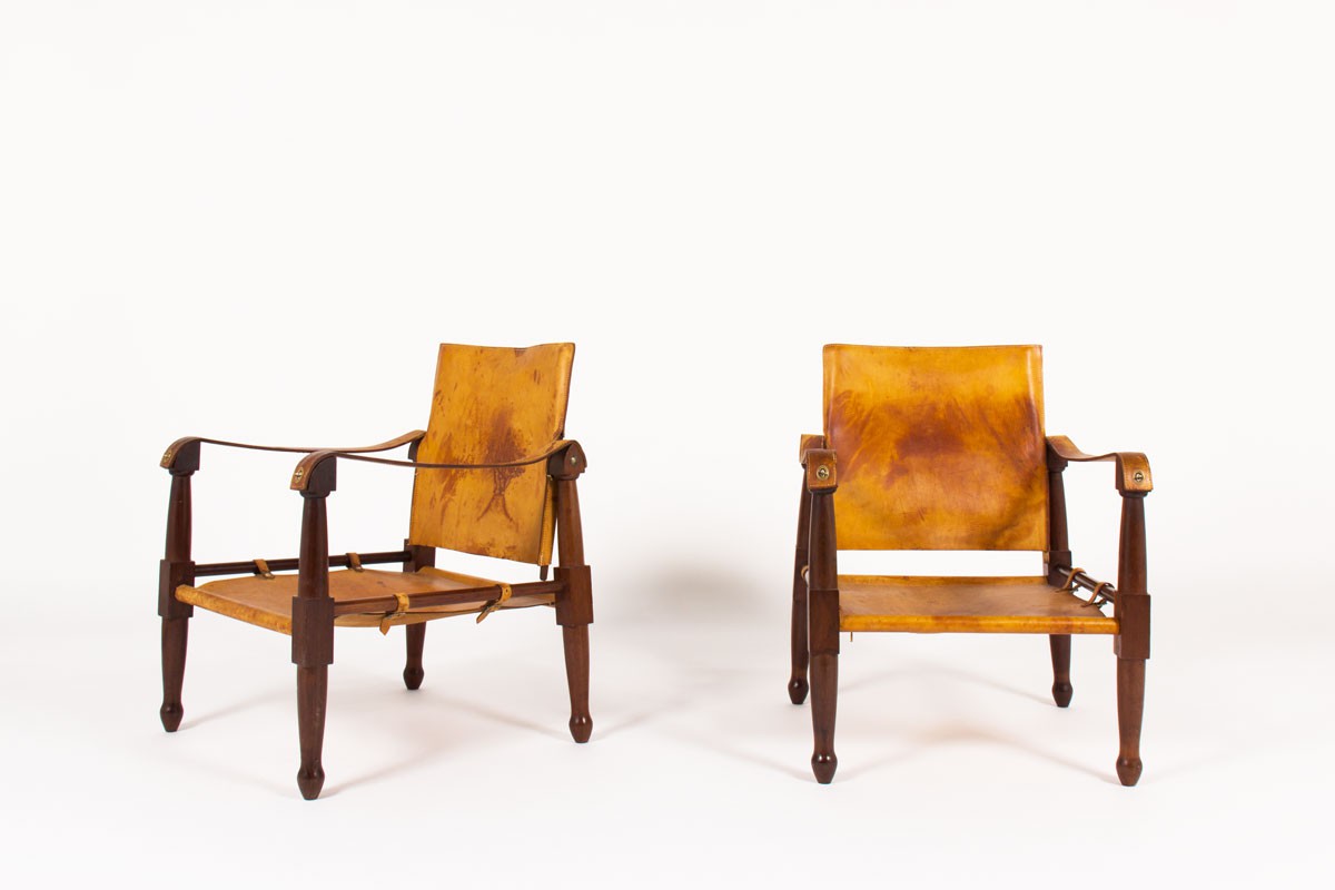 Armchairs model Safari mahogany and brown leather 1960 set of 2