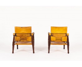 Fauteuils modèle Safari acajou et cuir marron 1960 set de 2