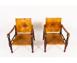 Fauteuils modèle Safari acajou et cuir marron 1960 set de 2