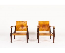 Fauteuils modèle Safari acajou et cuir marron 1960 set de 2