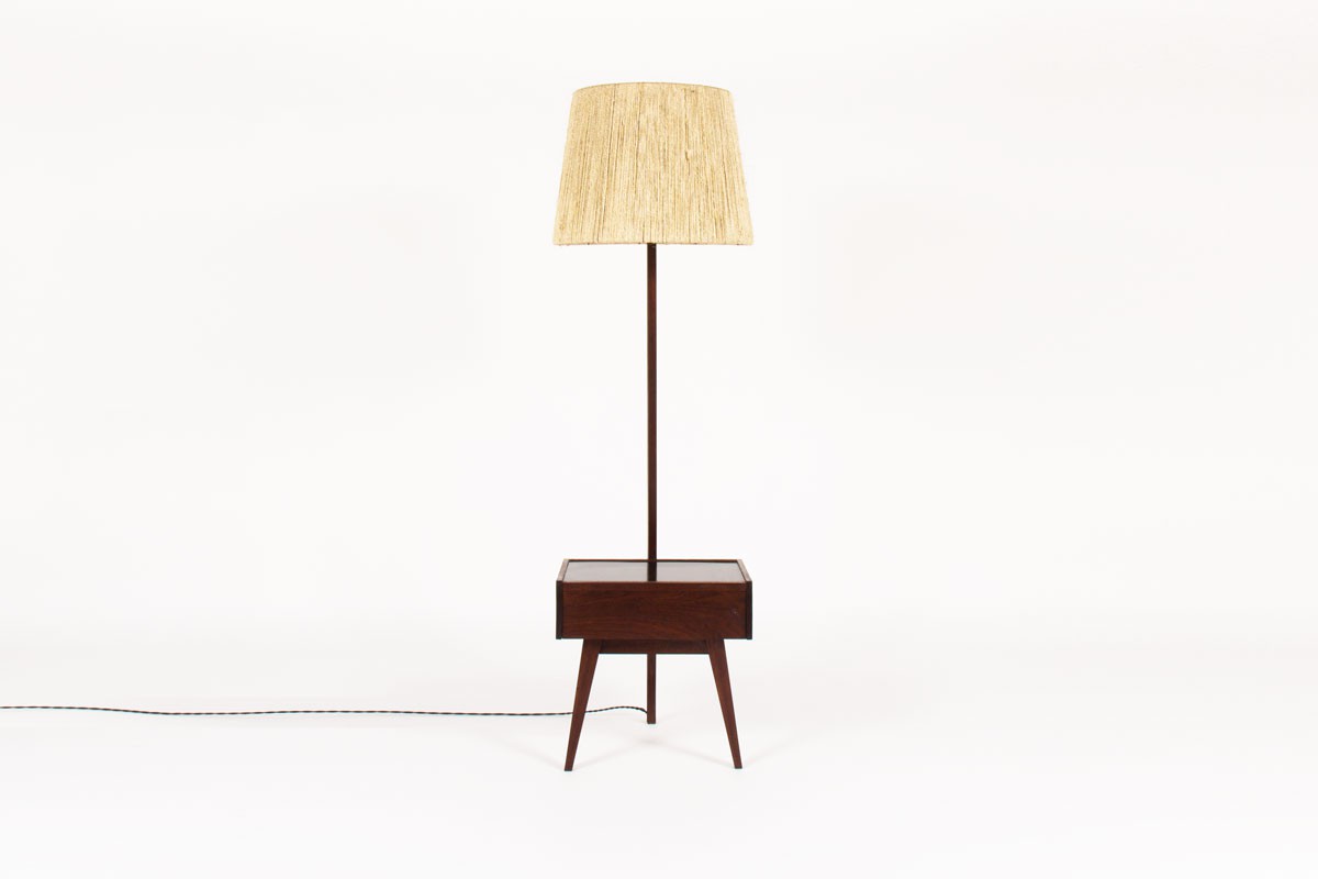 Tripod floor lamp in rosewood and rope 1950