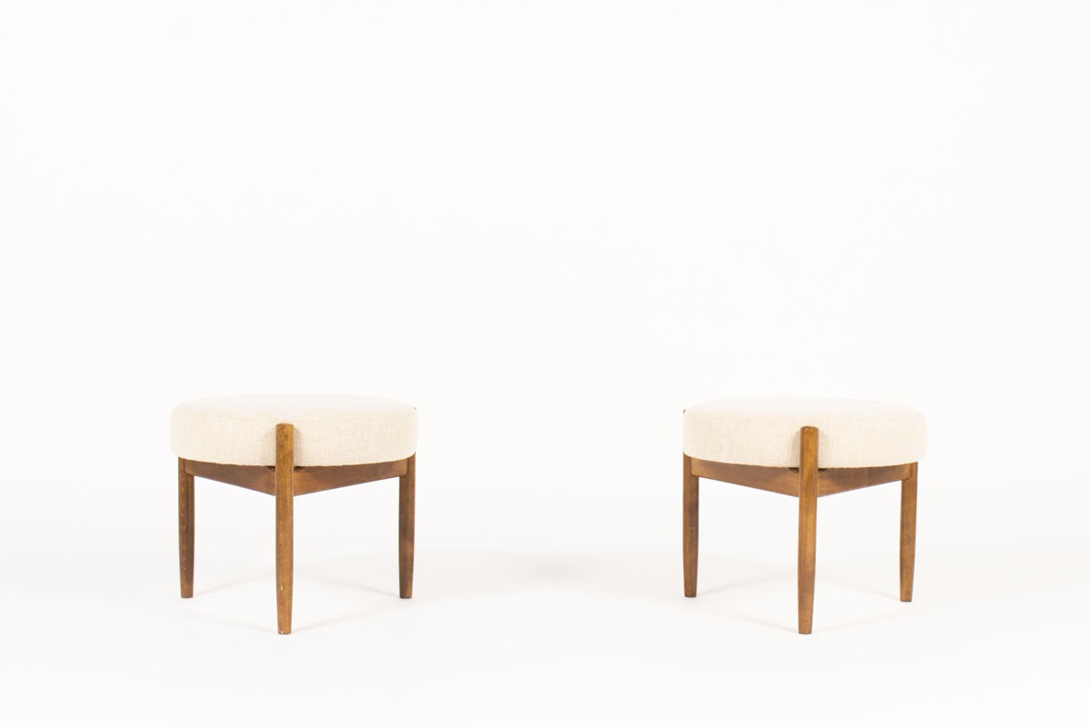 Hugo Frandsen stools in teak and beige linen edition Spottrup Mobler 1950 set of 2