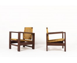 Armchairs in dark wood and rope 1950 set of 2