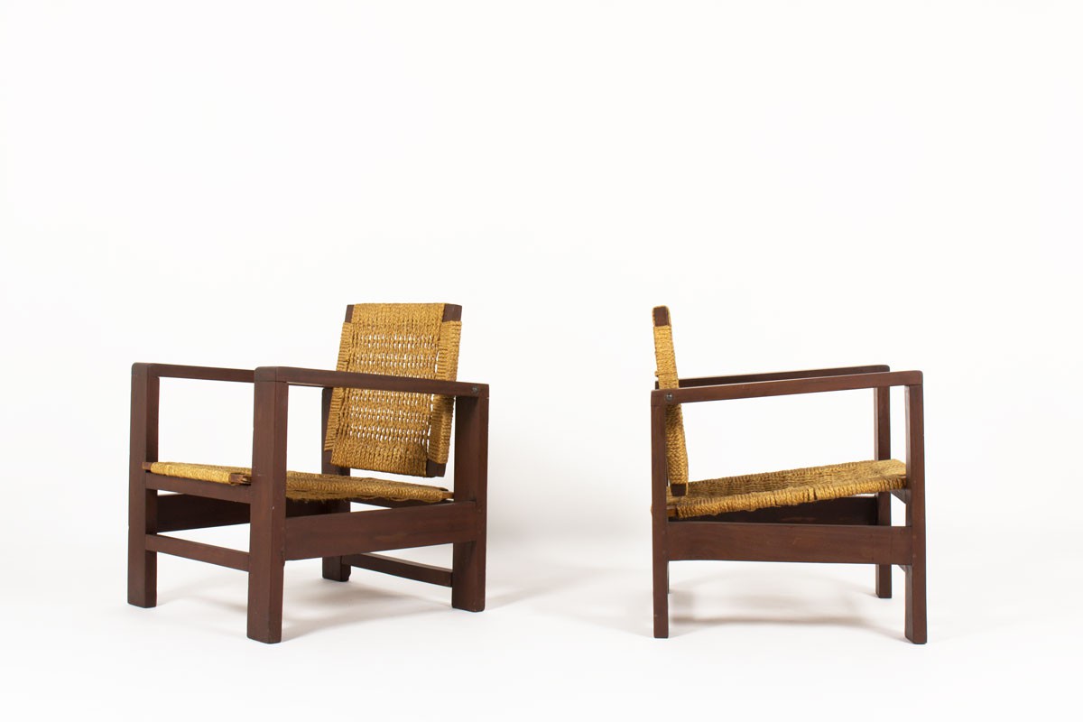 Armchairs in dark wood and rope 1950 set of 2
