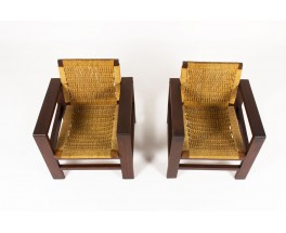 Armchairs in dark wood and rope 1950 set of 2
