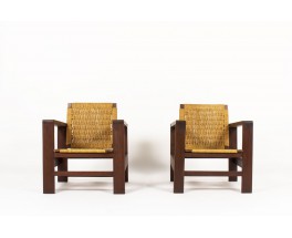 Armchairs in dark wood and rope 1950 set of 2