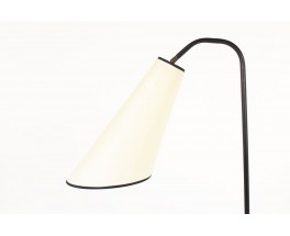 Lampadaire métal noir rotin et abat-jour papier beige 1950