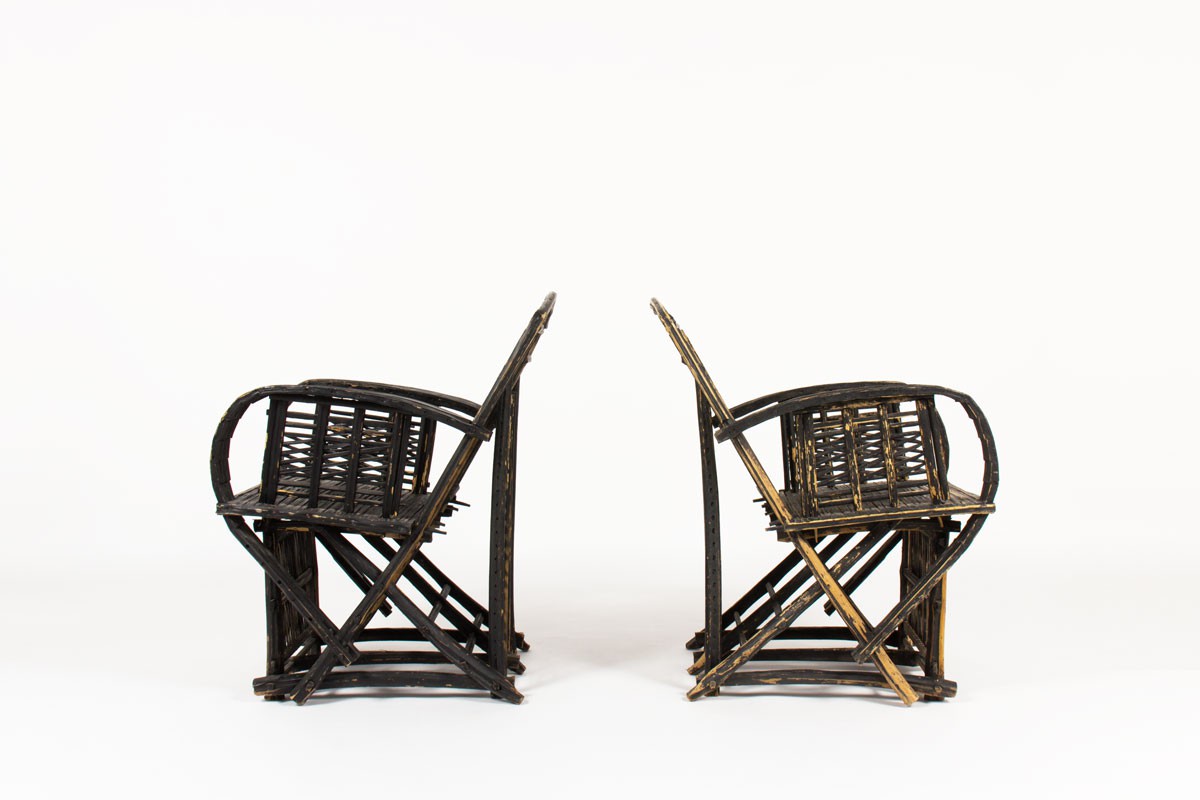 Armchairs in black patinated palm tree 1950 set of 2