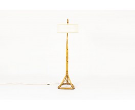 Lampadaire en rotin et abat-jour circulaire beige 1950