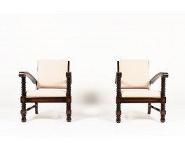 Fauteuils Charles Dudouyt acajou et lin beige 1930 set de 2